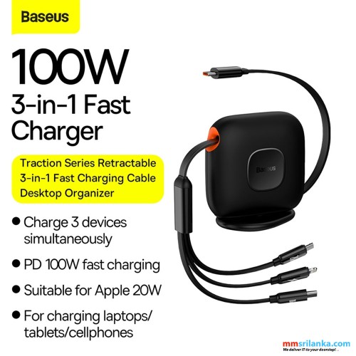 Baseus Traction Series Retractable 3-in-1 Fast Charging Cable Desktop Organizer Type-C to M+L+C 100W 1.7m Black 